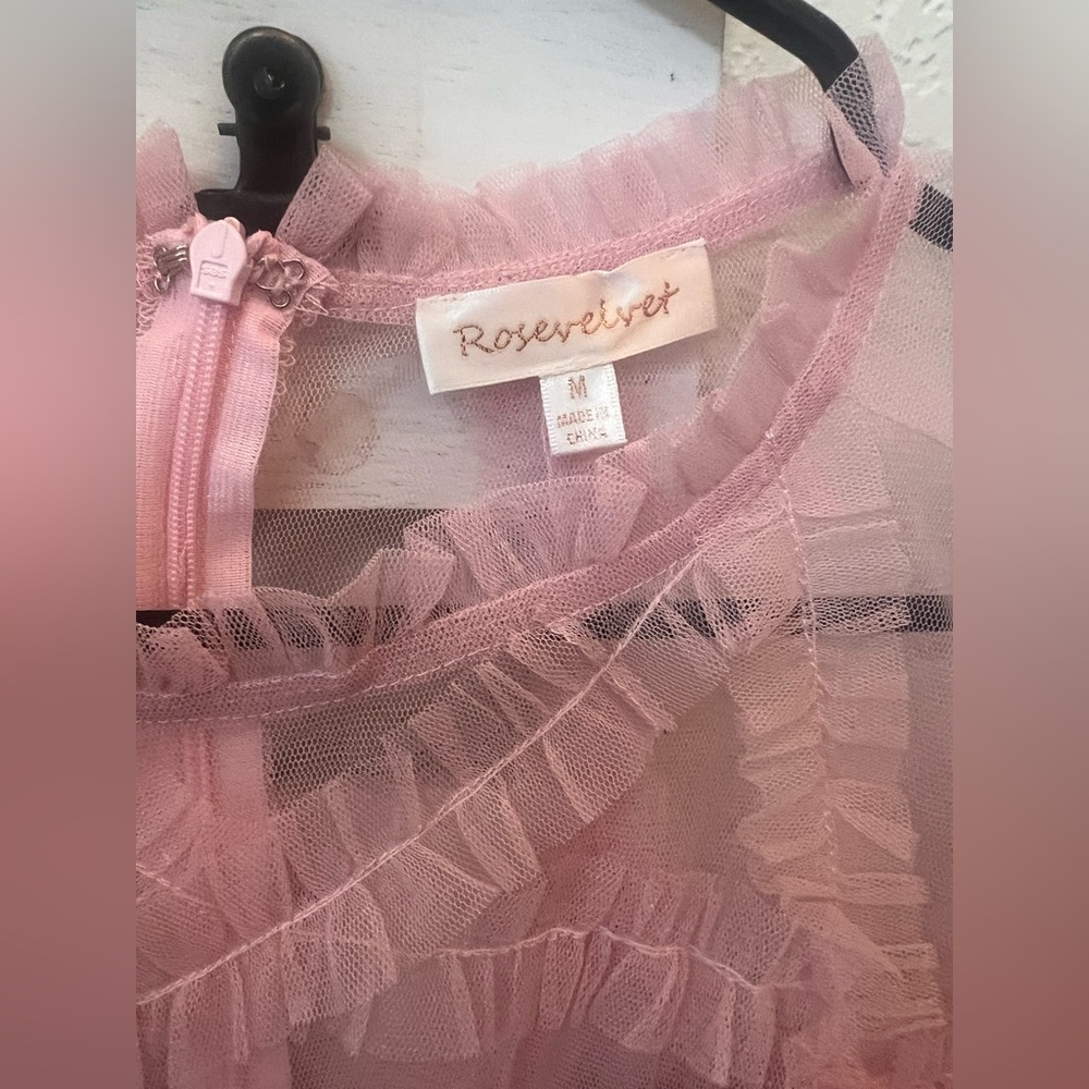 Rosevelvet Pink Floral Tulle Ruffle Mini Dress | Cottagecore NWT- M - Picture 2 of 9